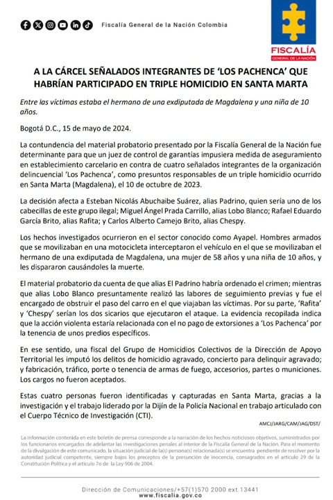 Boletín de prensa de la Fiscalía General de la Nación