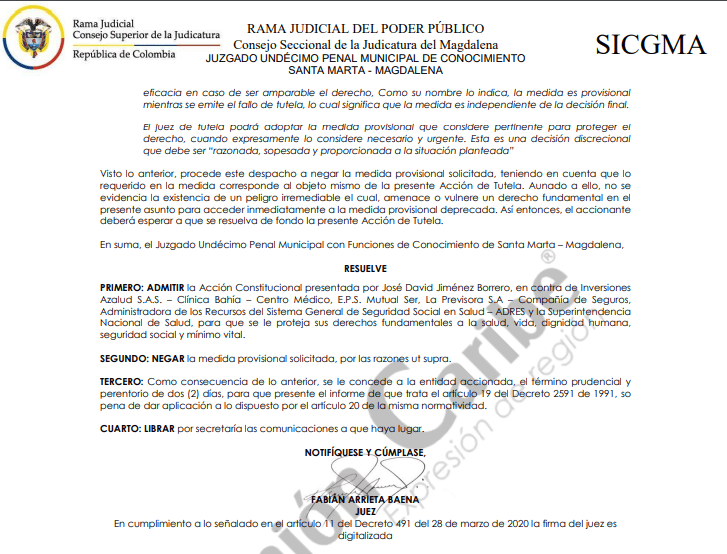 Juzgado Undécimo Penal Municipal de Conocimiento de Santa Marta admitió la demanda
