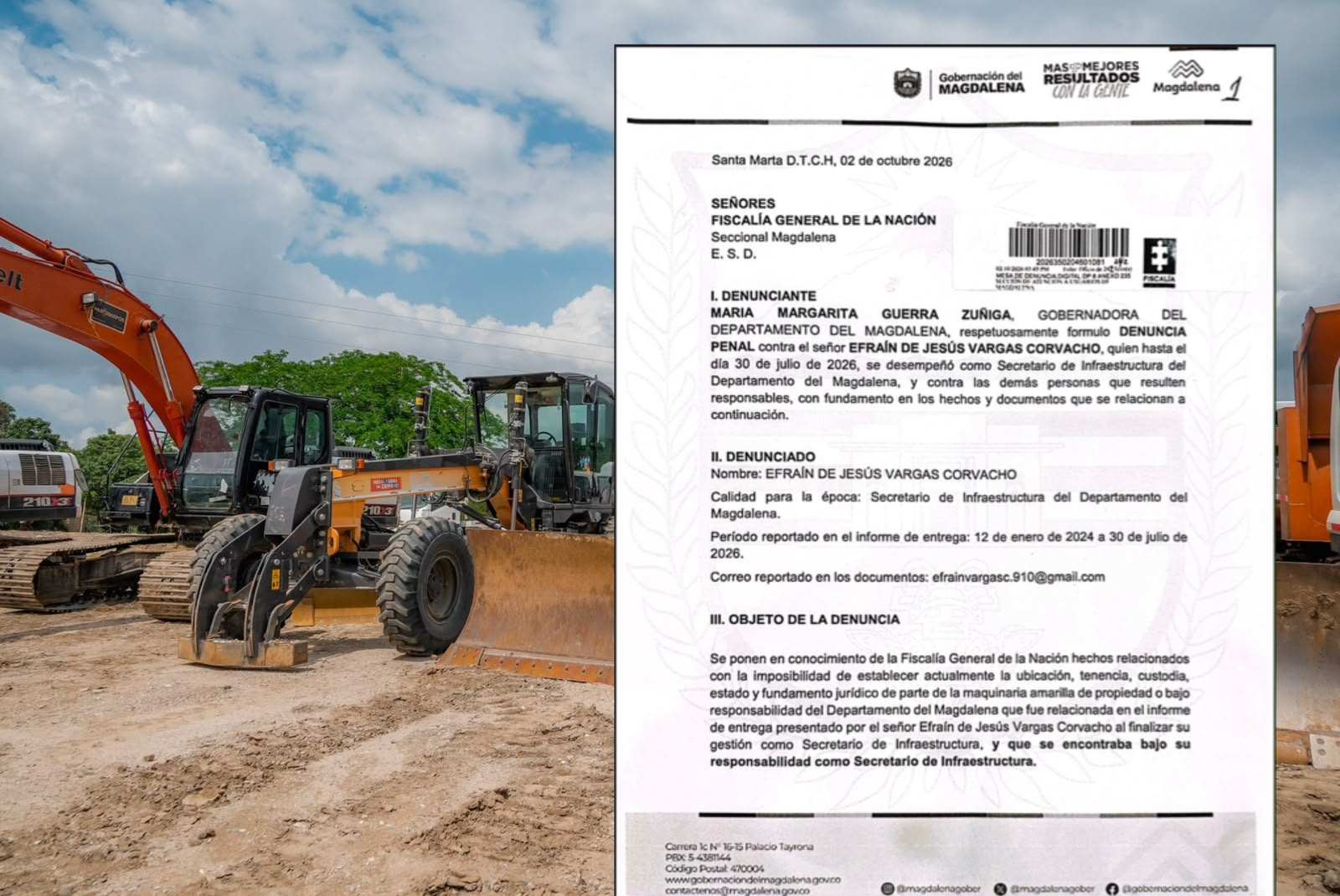 Gobernación denunció ante la Fiscalía presuntas irregularidades en maquinaria amarilla