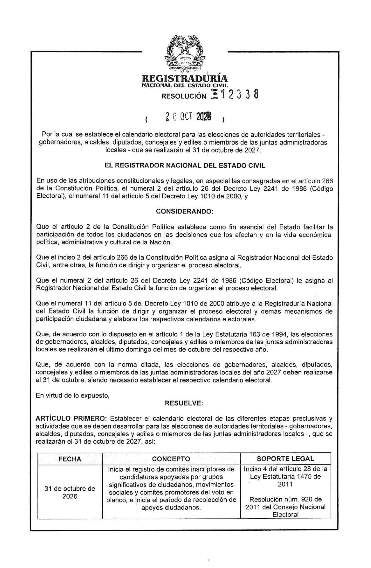 Registraduría fija el calendario electoral para las elecciones del 2027
